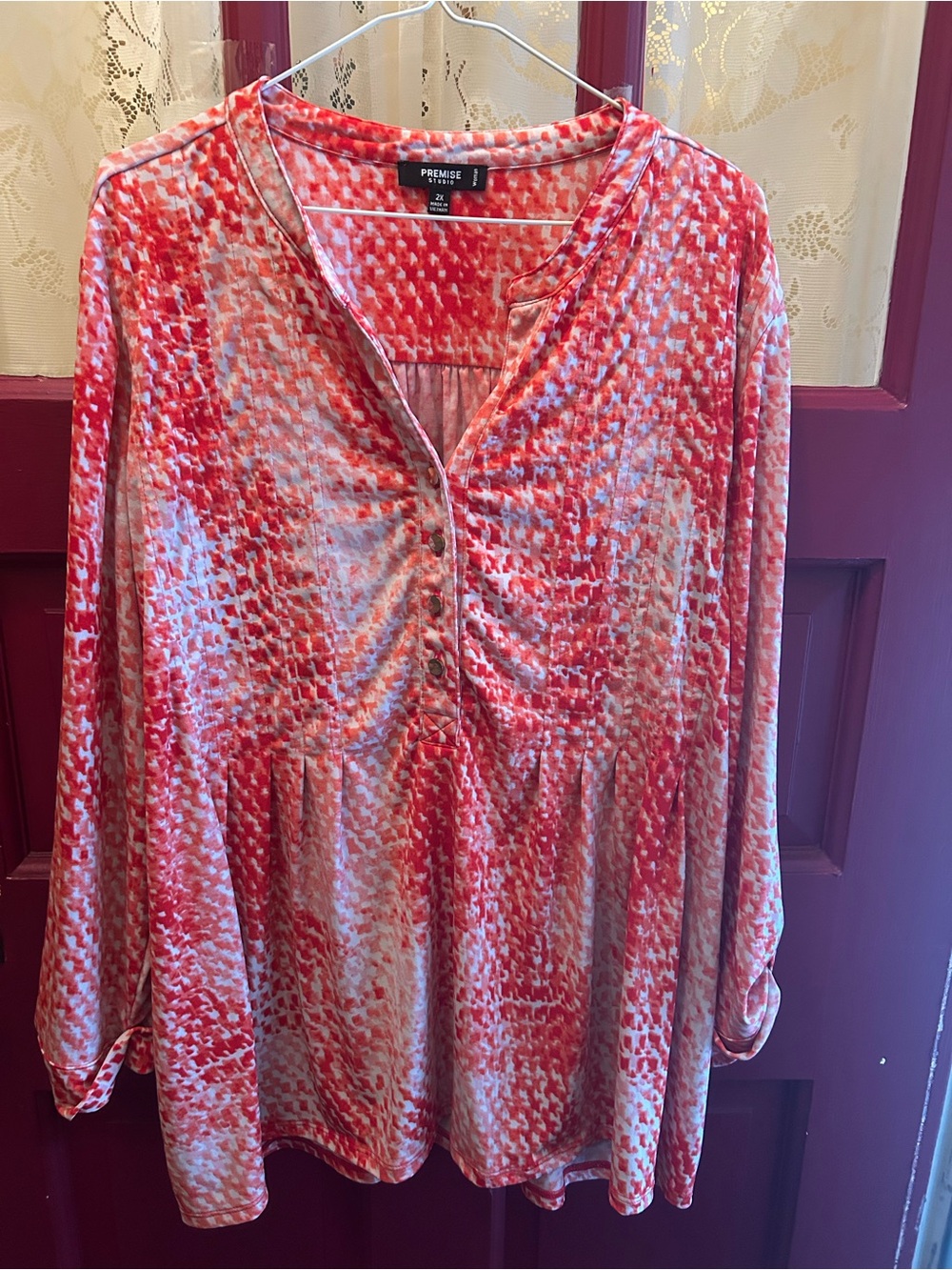 Premise Coral-Red & White Printed Tunic blouse